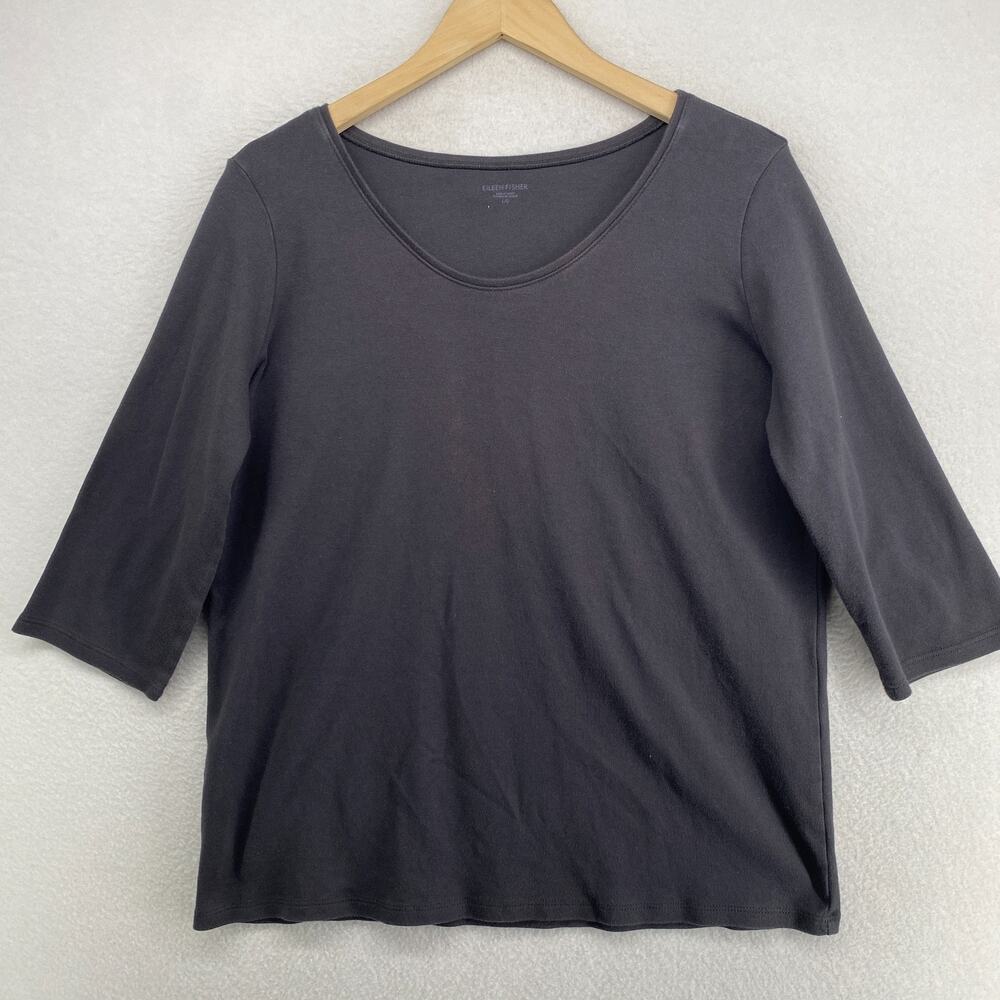 EILEEN FISHER Top L Organic Cotton Interlock Jersey Scoop Neck 3/4 Sleeve Gray